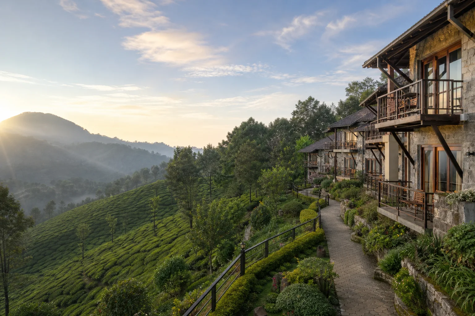 Hill resort overlooking tea valleys in Munnar