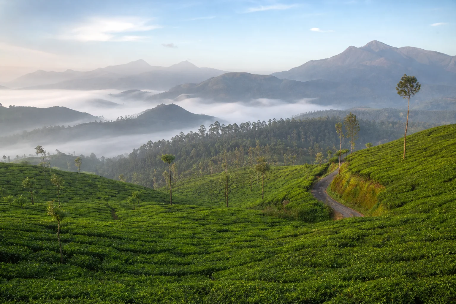 Tea-covered hills and morning mist in Munnar