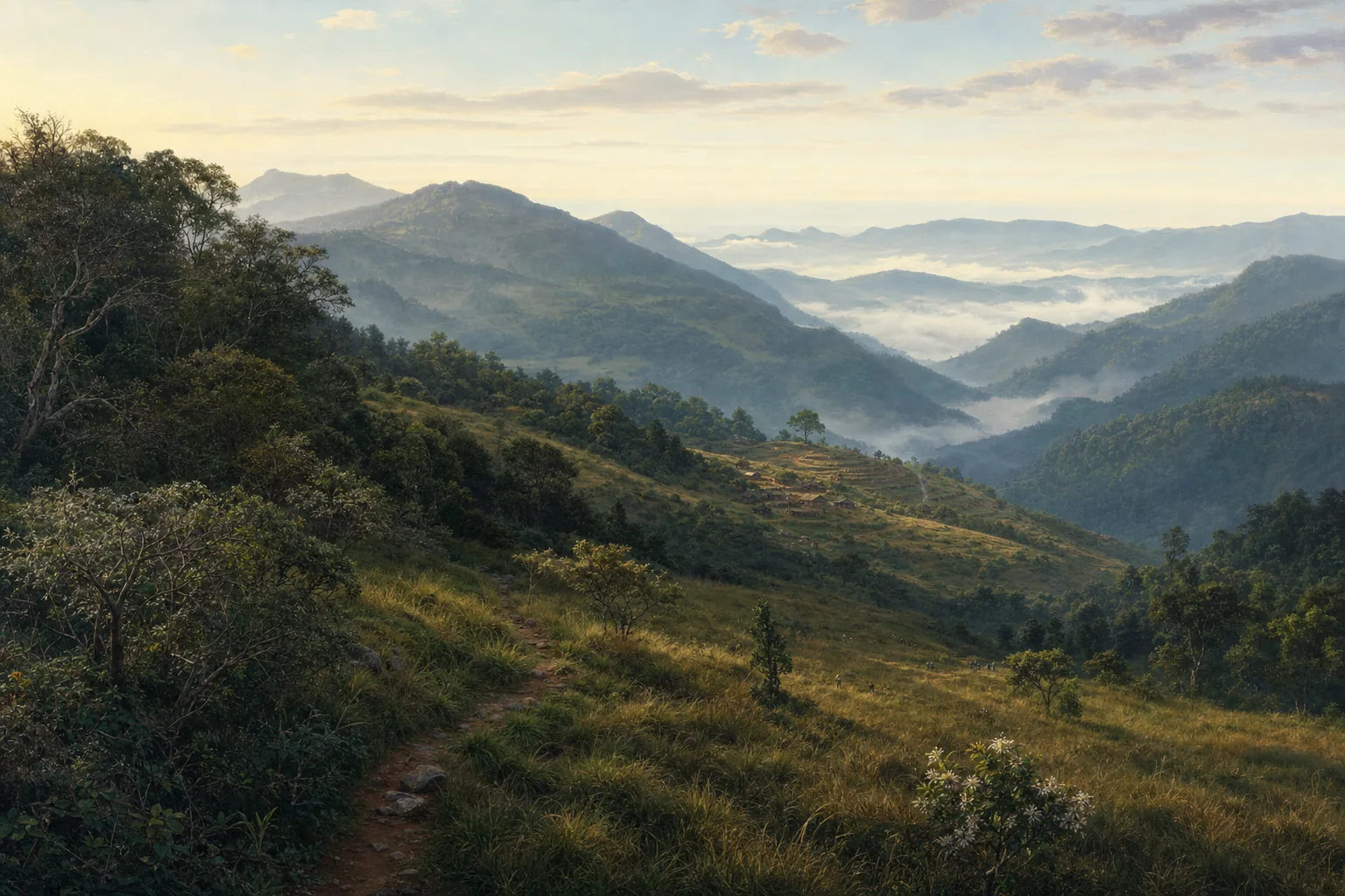 Historic Palani Hills shola-grassland landscape and distant terraces